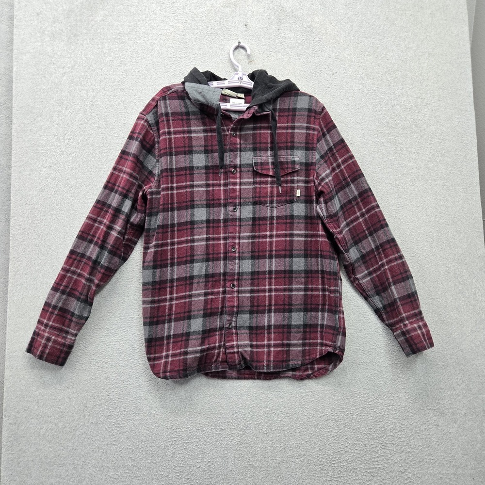 Vans Men Jacket L Red Plaid Flannel Shacket Button Up Hooded Long Sleeve Grunge